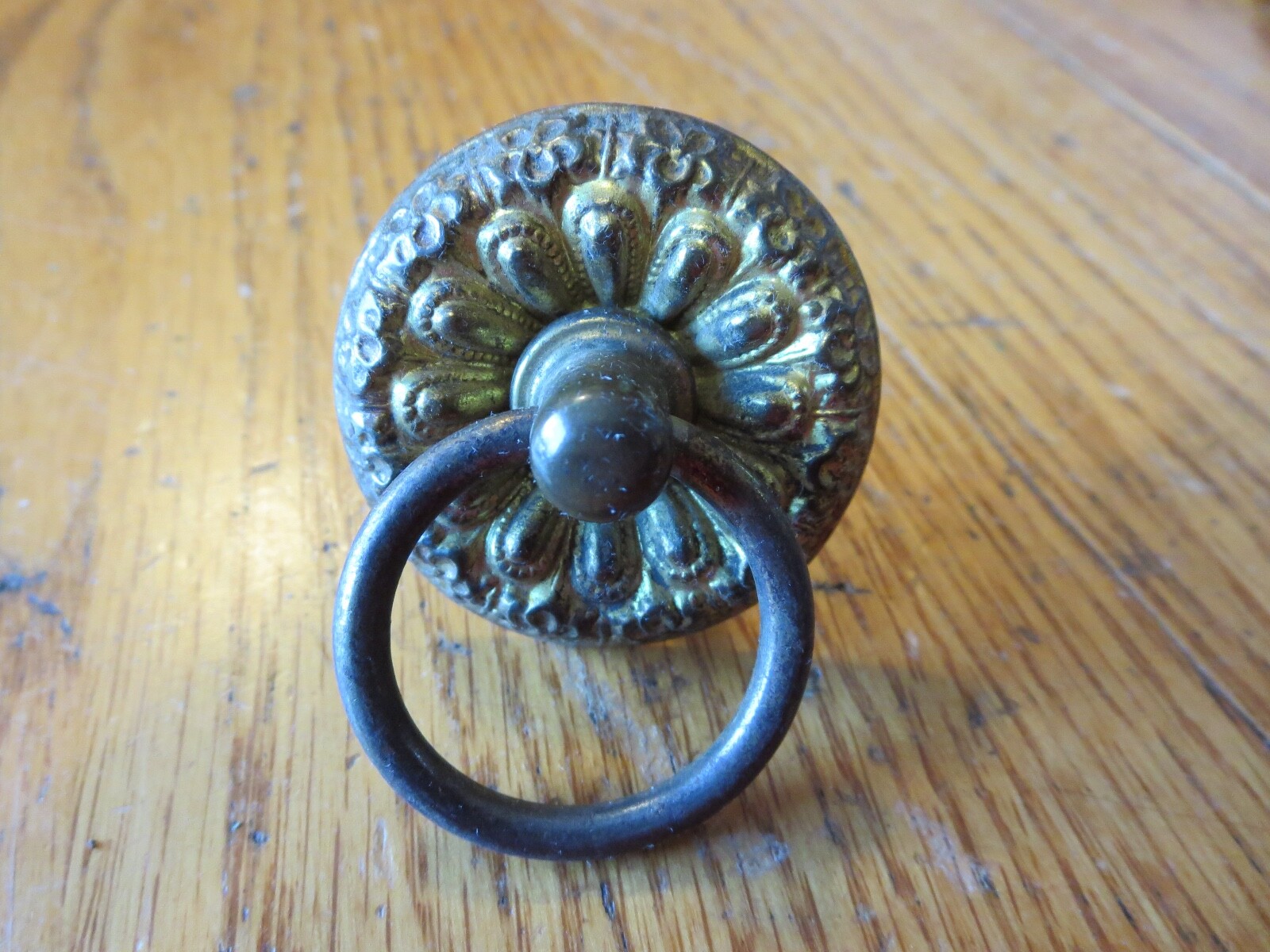 Antique Drawer Pull Ring Tin& Brass Victorian Dresser Ornate hinged Handle Round
