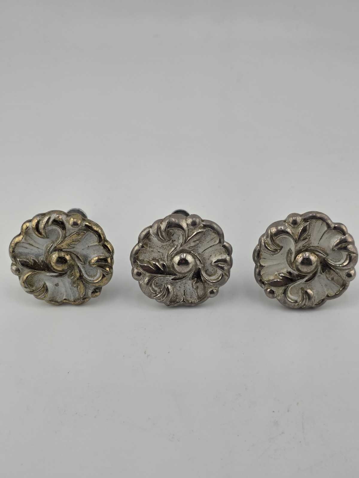 Vtg 1960 Floral Drawer Pull Door Knobs (3) 2 White/Silver Tone, 1 Gold Tone