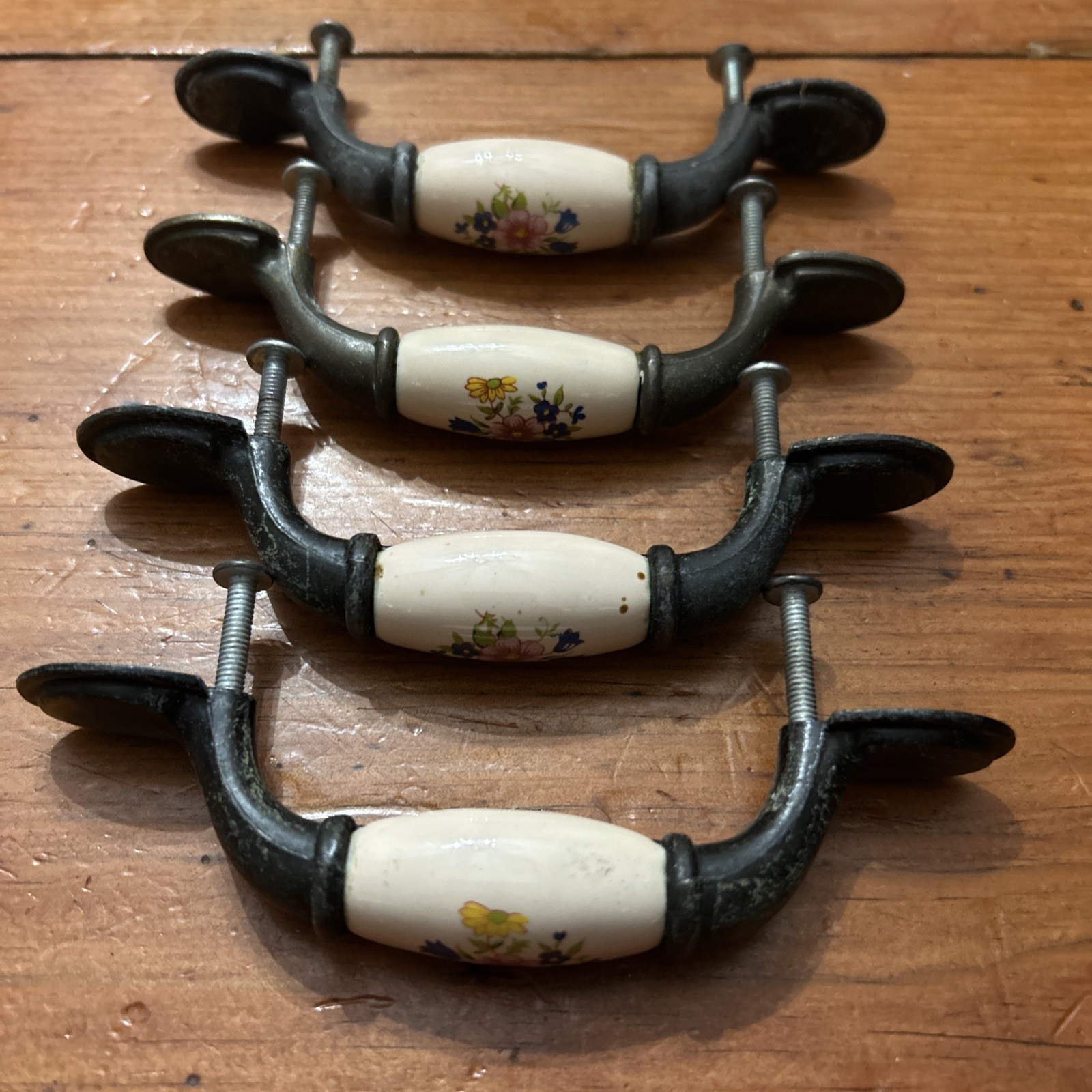 Lot of 4 Brass & Ceramic Floral Cabinet Dresser Drawer Pull Handle Knobs used
