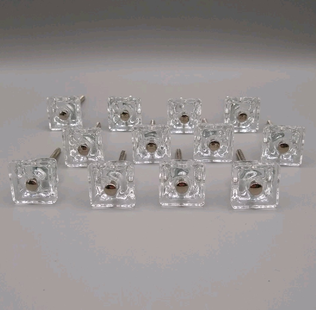12 Clear Glass 1 1/8″ square Drawer Pull Knobs Furniture Handles modern