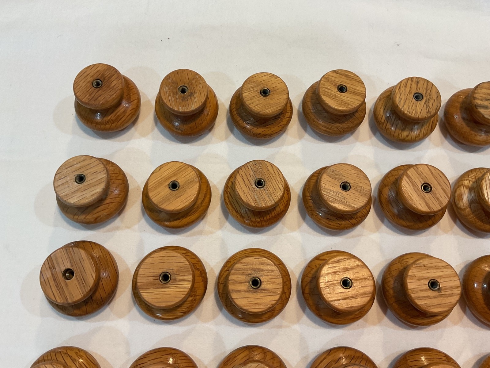 Lot 56 Vintage Wood Drawer Pull Knobs 1-1/2″ wide Natural Oak Color w Hardware
