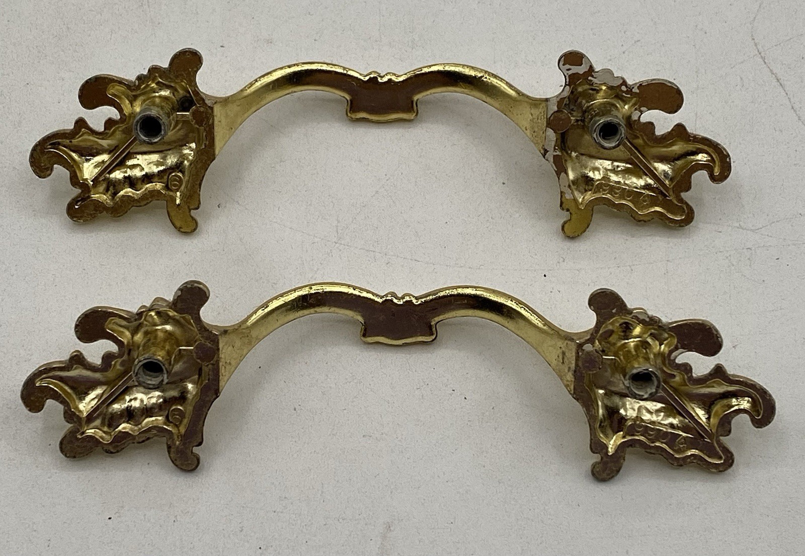 PAIR Vintage MCM Ajax Drawer Pulls Handles Scroll White Gold Ornate Hardware 990