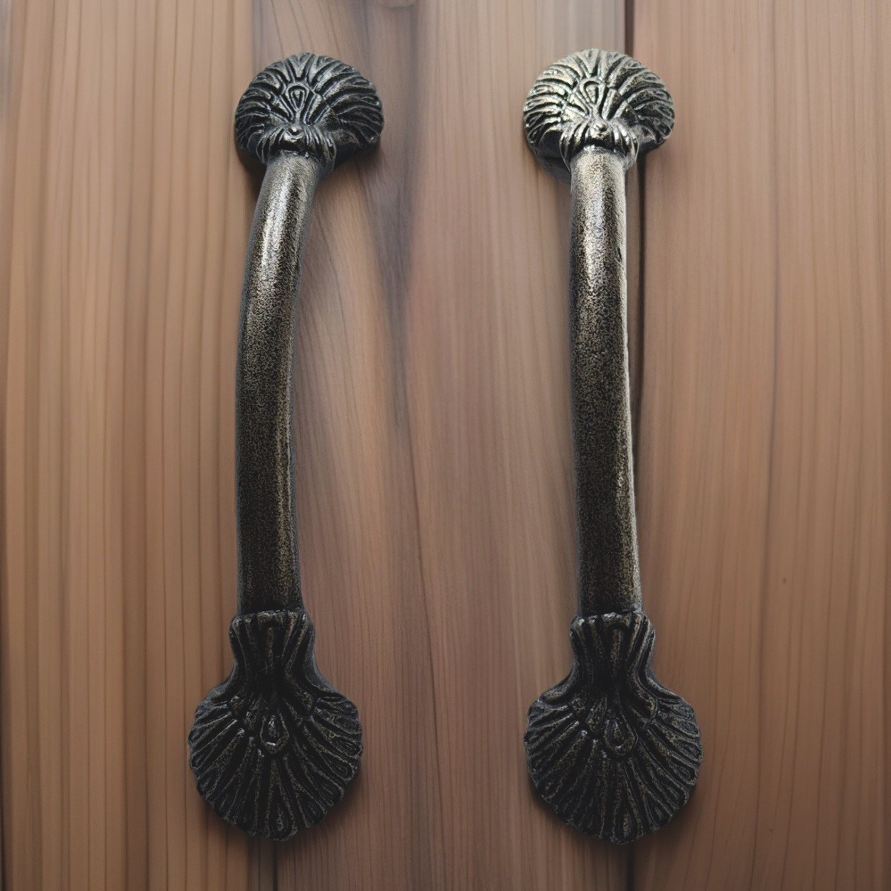 Set Of 2 Antique Bronze Metal Drawer Pulls Carved Metal Fanned Peacock Feathers
