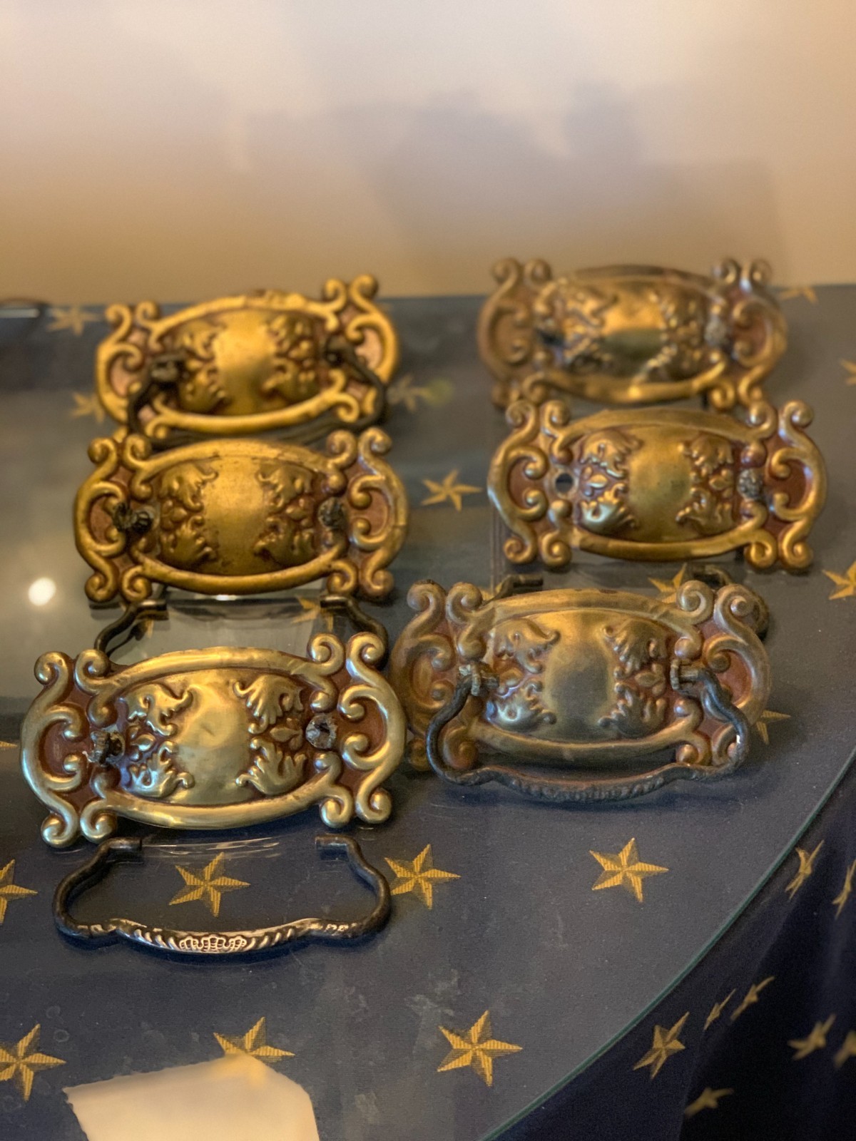 c1880-1900 Antique Six stamped Brass Drawer Pulls 3″ Bore