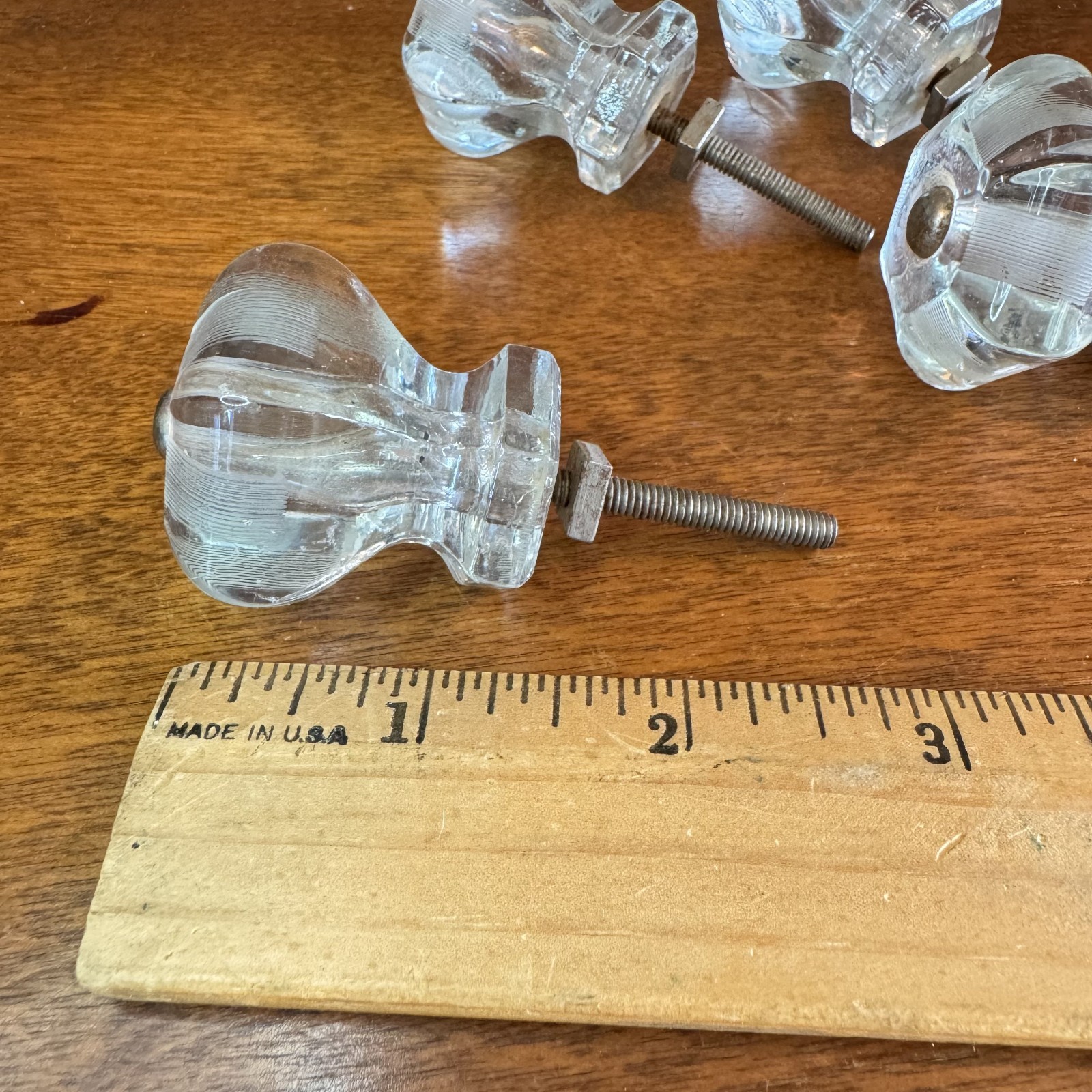 Set of 4 Vintage Hexagon Etched Lined 1.5 in. Glass Drawer Cabinet Knob