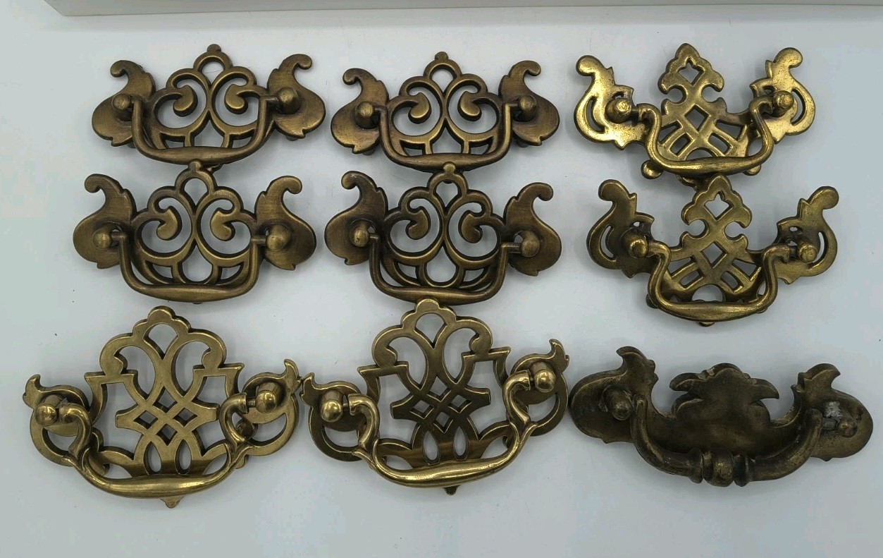 Mixed 9 Vintage Chippendale Drawer Pull Drop Bail Handle 2 Pair, 4 Same, Single