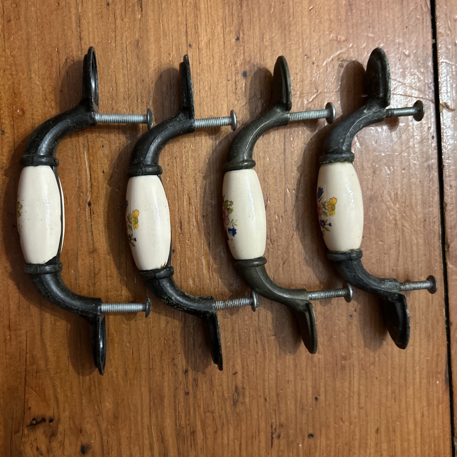Lot of 4 Brass & Ceramic Floral Cabinet Dresser Drawer Pull Handle Knobs used