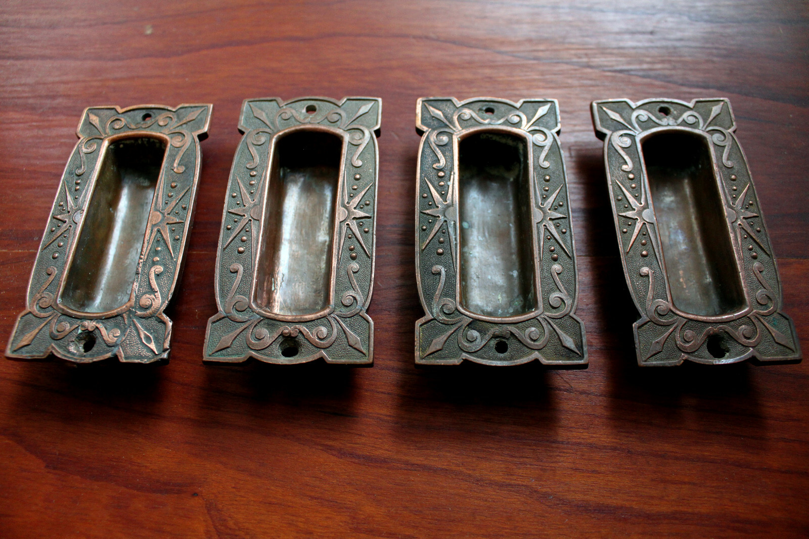 4 pcs Antique Late 1800’s Copper/Bronze Drawer/Door/Sash Finger Pull Recessed