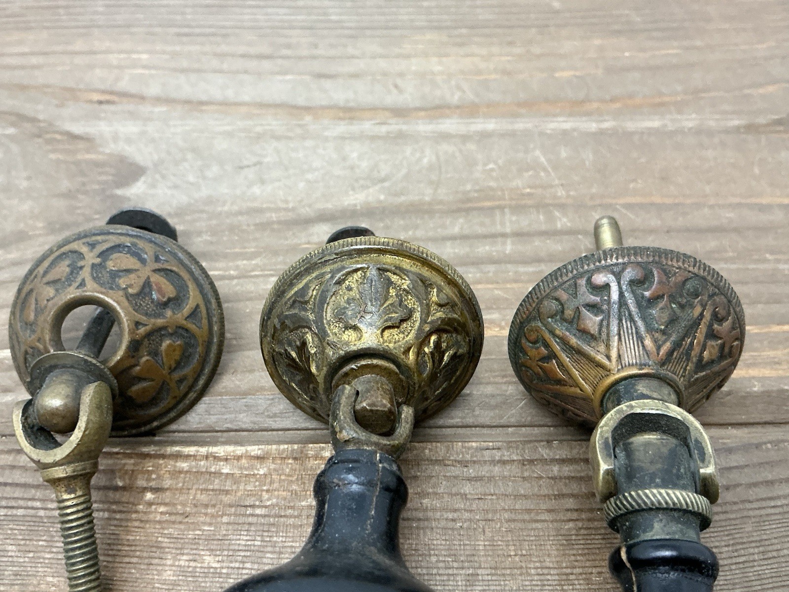 2 Antique Drop Drawer Pulls, Parts Brass Black Wood Teardrop Victorian/Edwardian