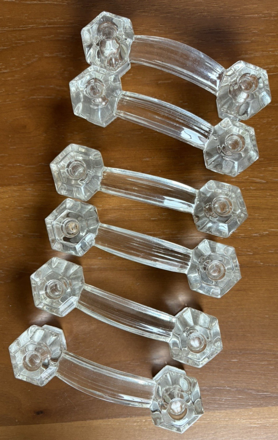 Lot of 6 Vintage Hexagon Clear Glass Knobs Handle Pulls Reclaimed Kitchen Bath