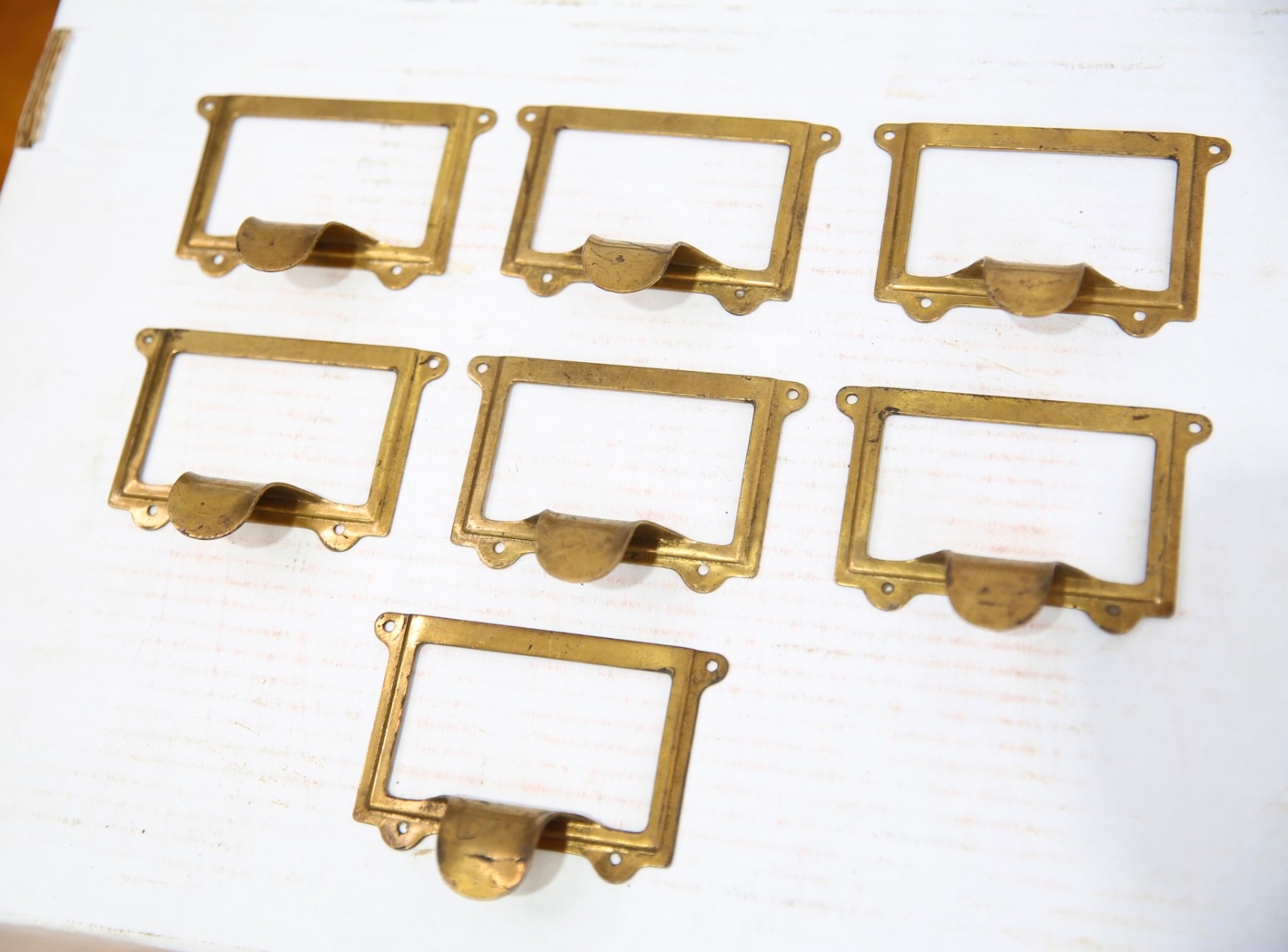 Vintage Card Catalog Brass Drawer Pull Label Card name Holder apothecary cabinet