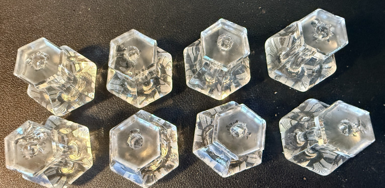Vintage 6~Sided Hexagonal Clear Glass Elegant Unique Drawer Knobs Lot of 8