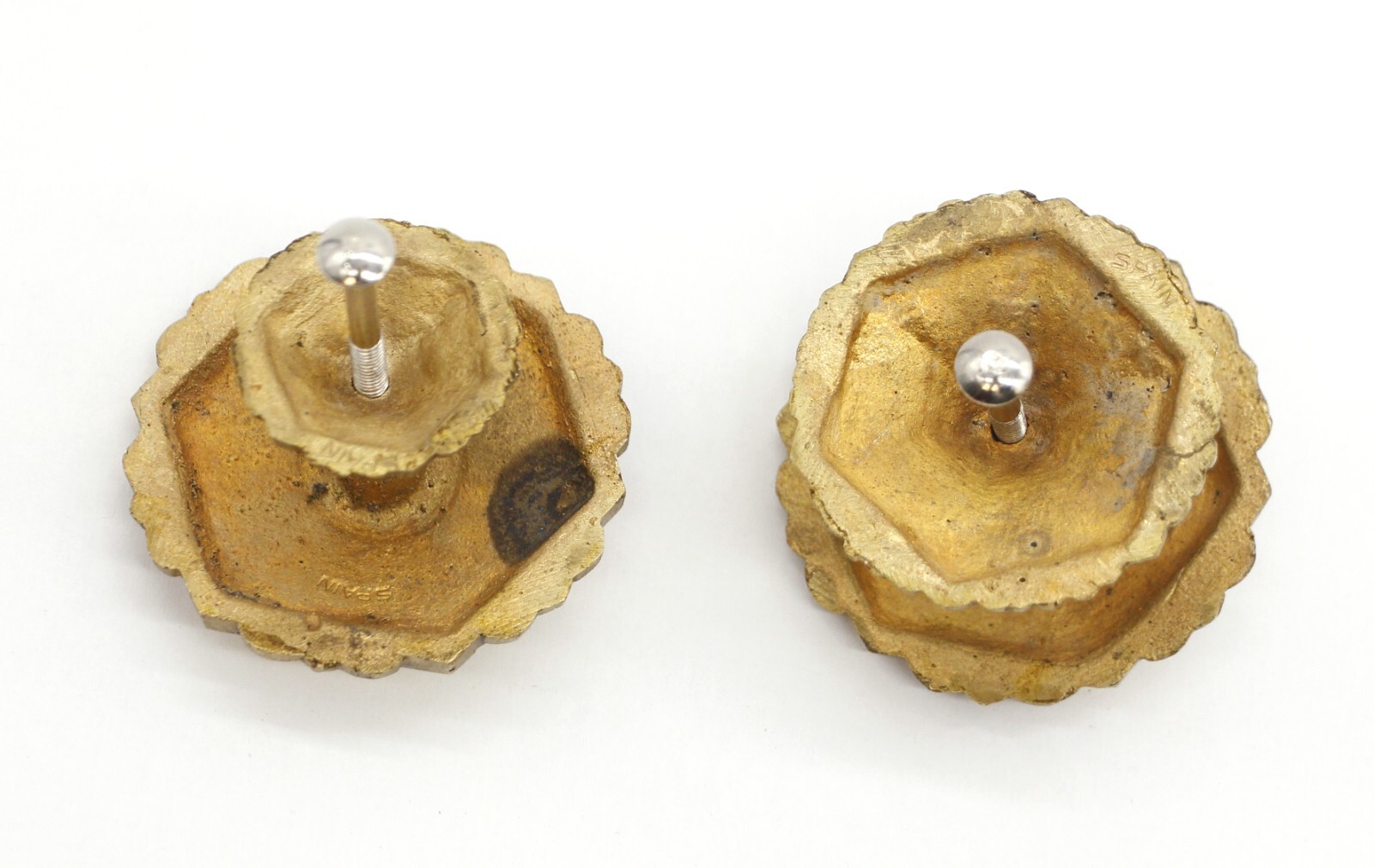 Pair of Vintage 2.25 in. Hexagon Scalloped Brass Cabinet Drawer Knobs