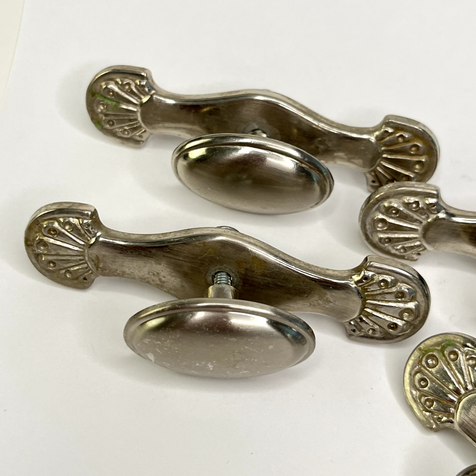 Four Vintage Drawer Pulls Handles Lot of Oval Knobs brushed nickel plate C