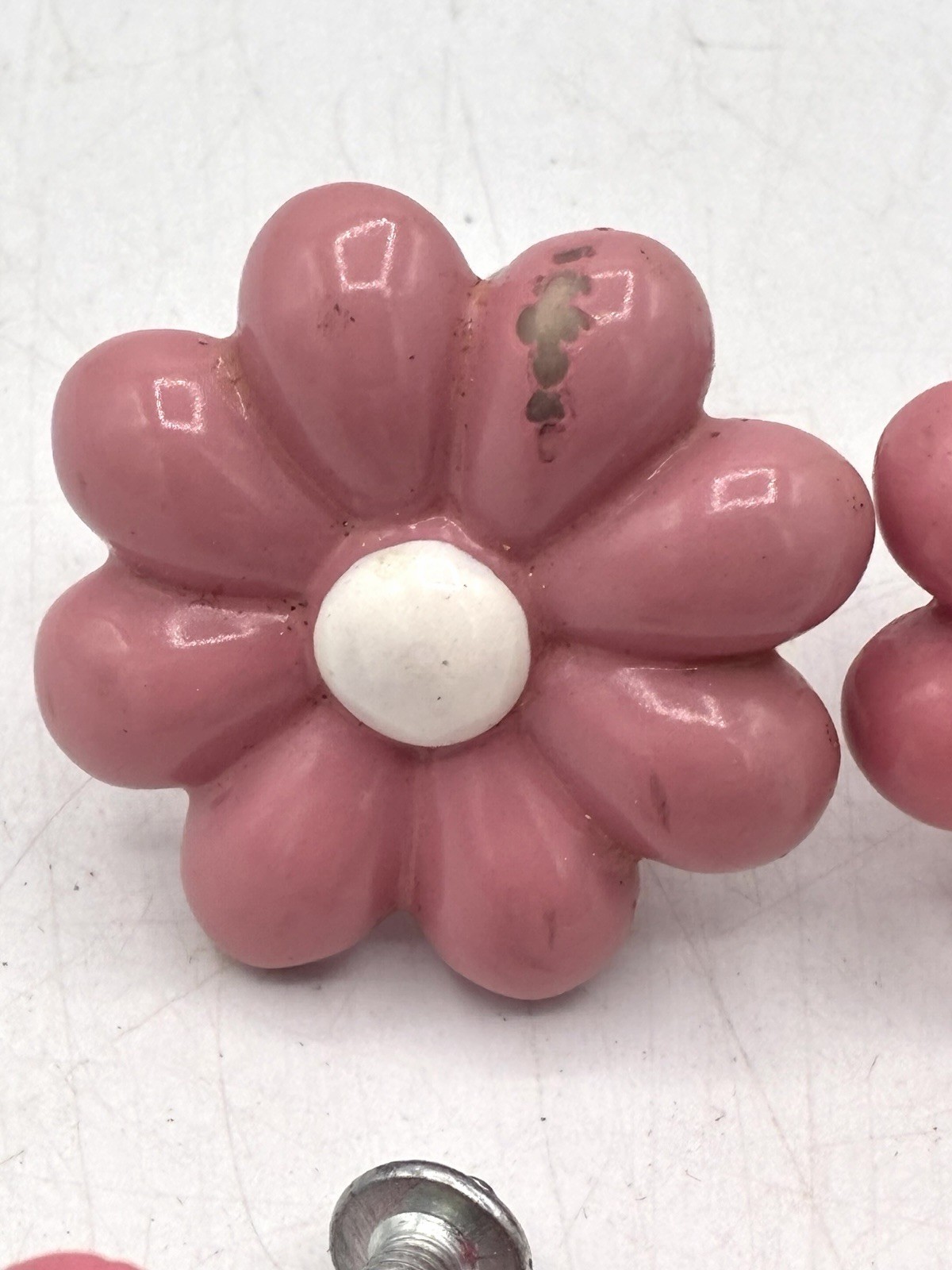Set of 6 Pink Daisy Flower Drawer Knobs Cabinet Pulls Resin Hardware with Screws