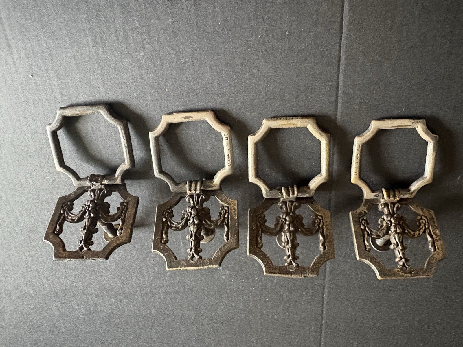 4 antique hardware drop ring drawer pull Set # 3455 Rococo Inspired Hexagonal