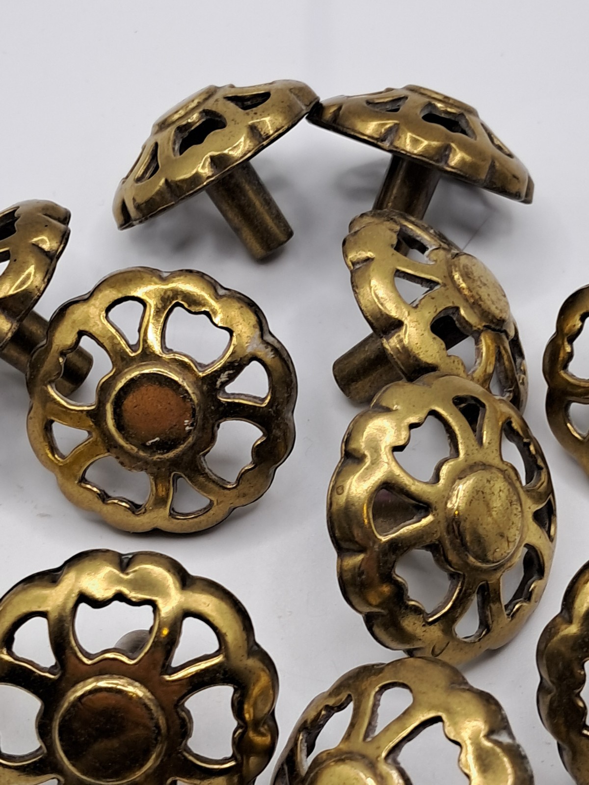 12 Vintage Drawer Knob Ornate Floral Brass Tone Floral Cut-Out Round 1.75″