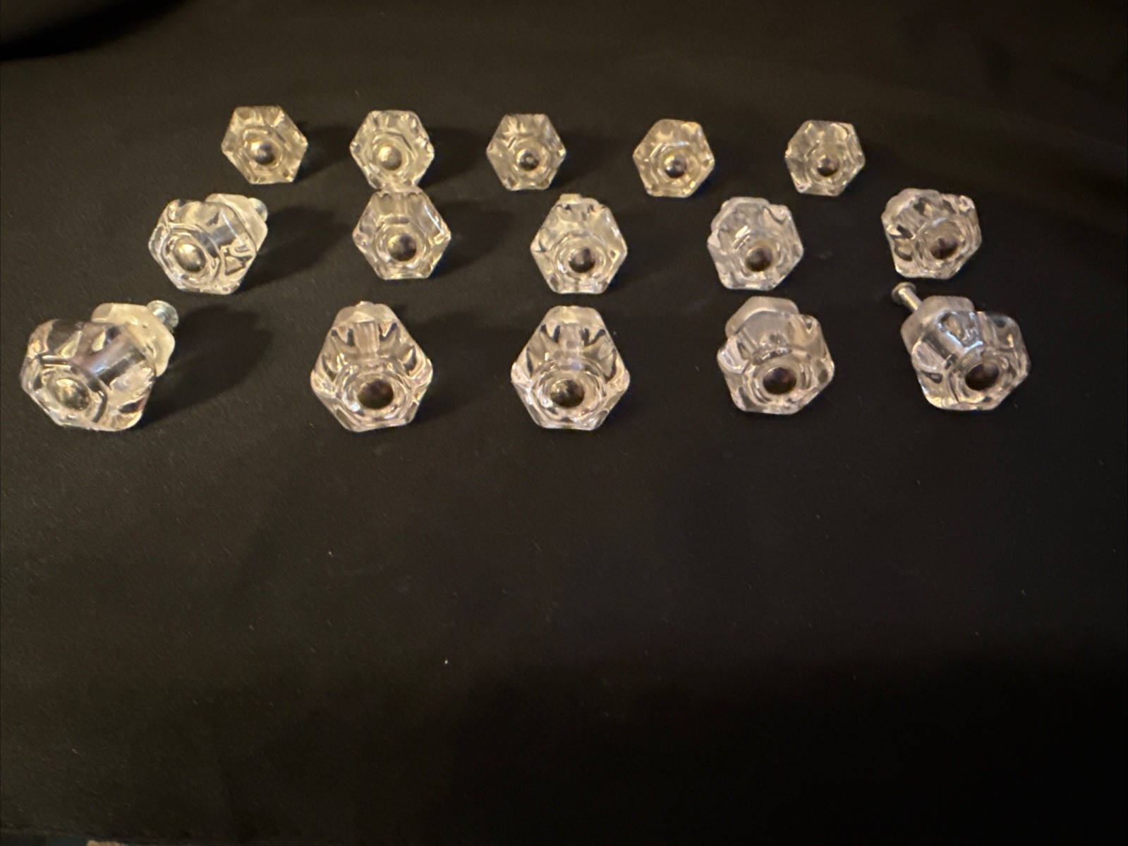 Lot Of 15 Vintage Clear Glass Hexagon Drawer Pulls – 1” X 1” – W/O Square Nuts