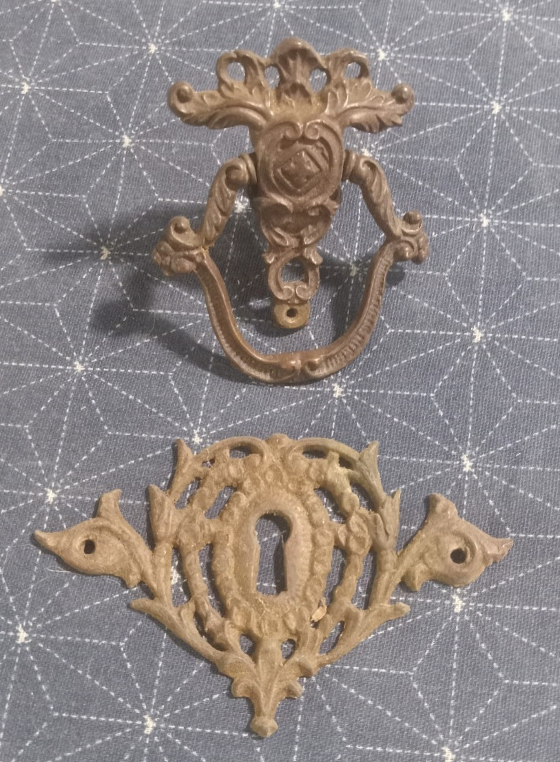 Antique Vintage Brass Ring Pull and Ornate Keyhole