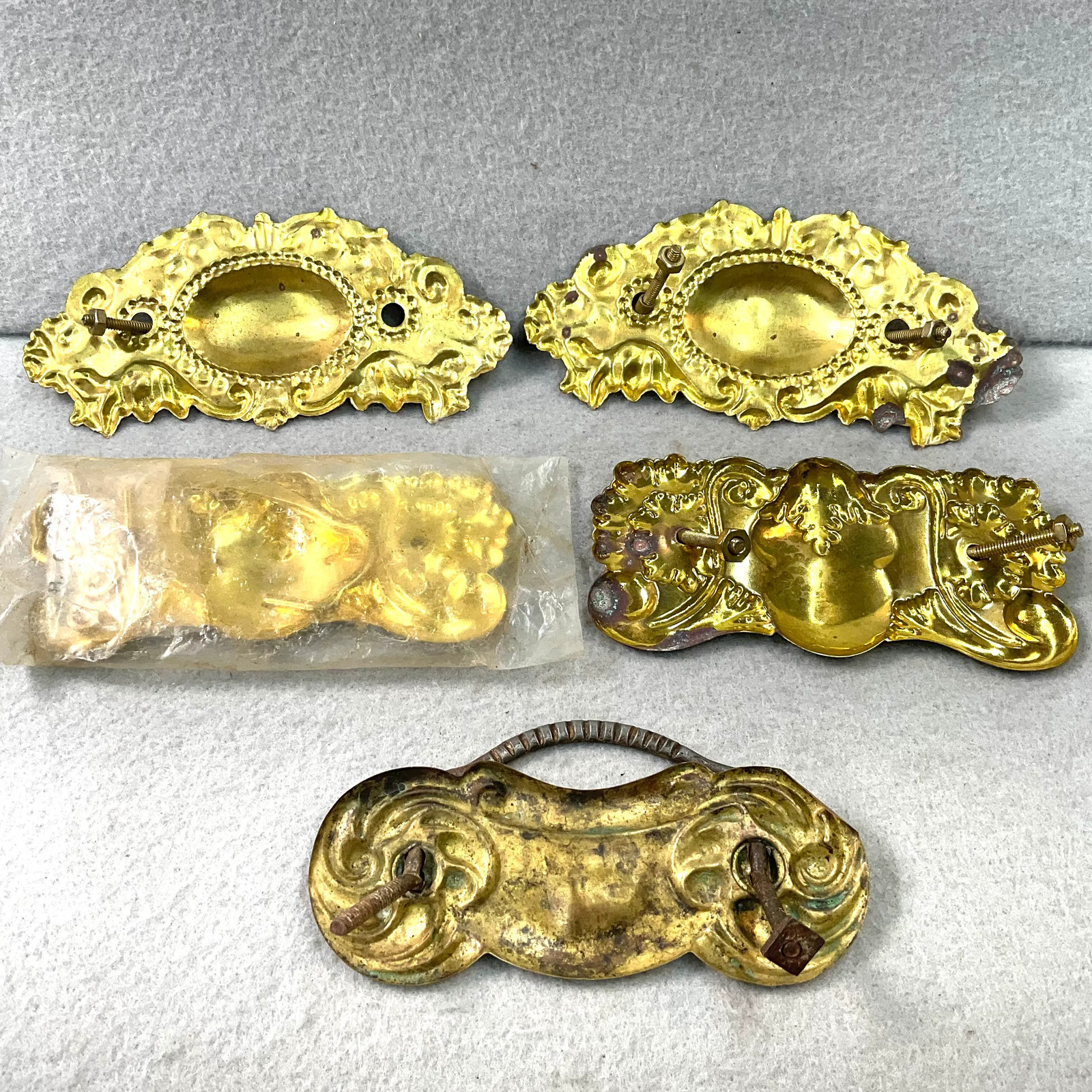 Vintage Brass Ornate Furniture Hardware Pulls Handles Lot of 5 Pieces