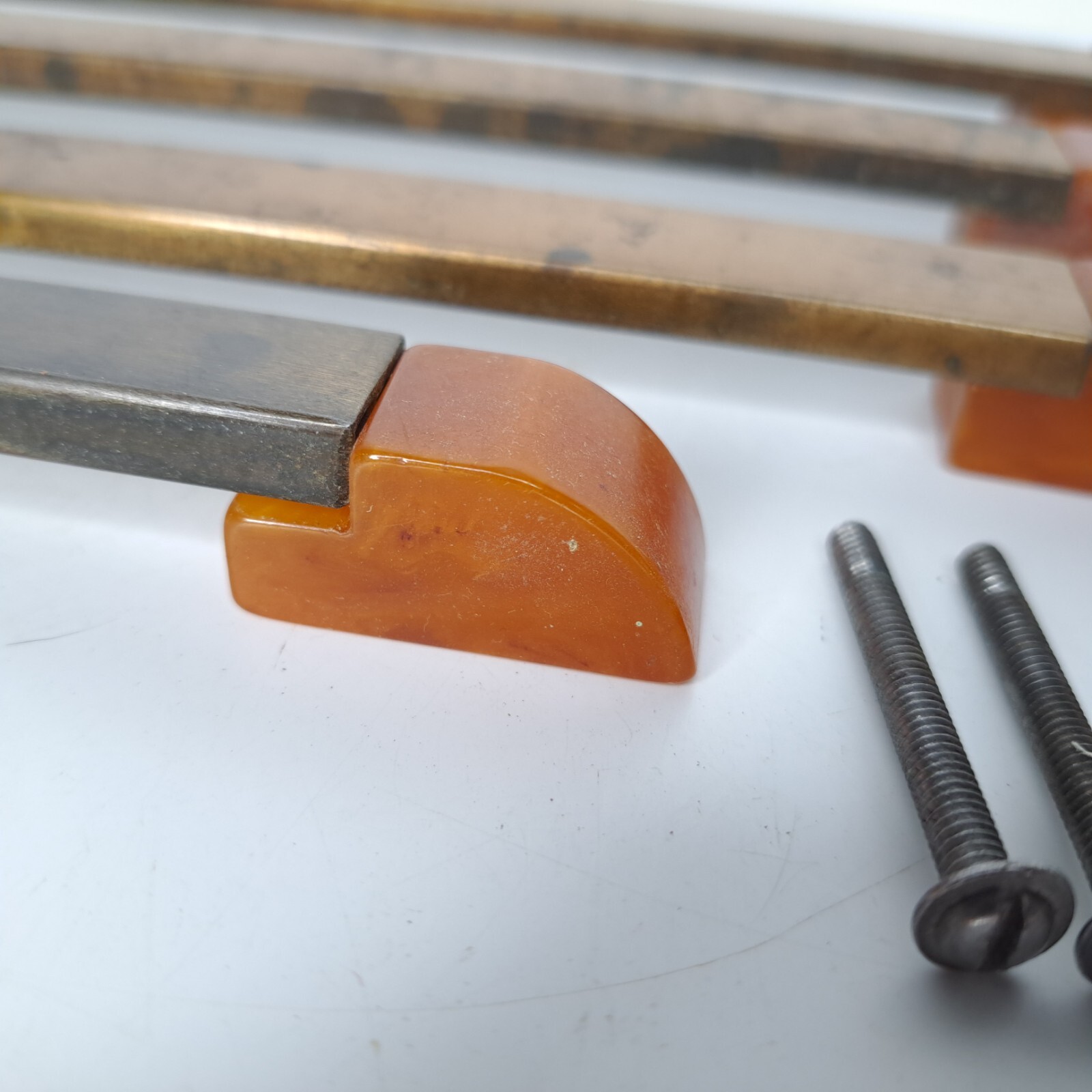 4 Antique ART DECO Butterscotch Bakelite Brass Plated Bar Drawer Pulls Reclaimed