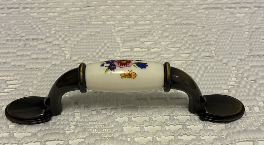 Vintage Ceramic And Brass Floral Design Drawer Pull