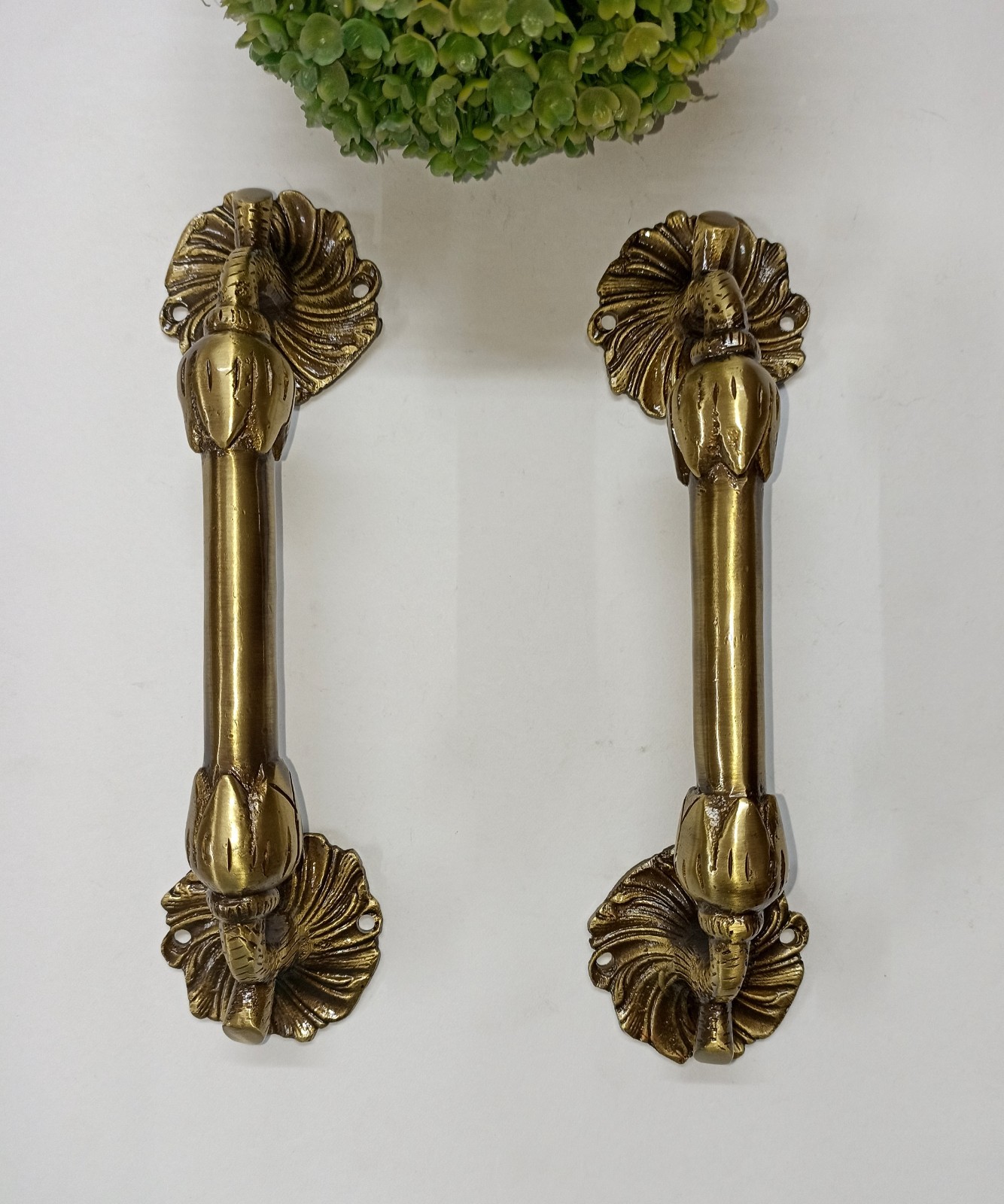 Lacquered Brass Flower Base Door Pull Floral with Twigs Design Handle Pair GTX