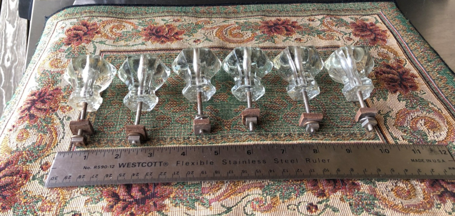Lot of 6 Vintage 6~Sided Hexagonal Clear Glass Drawer Knobs 1.5″ w/ Hardware