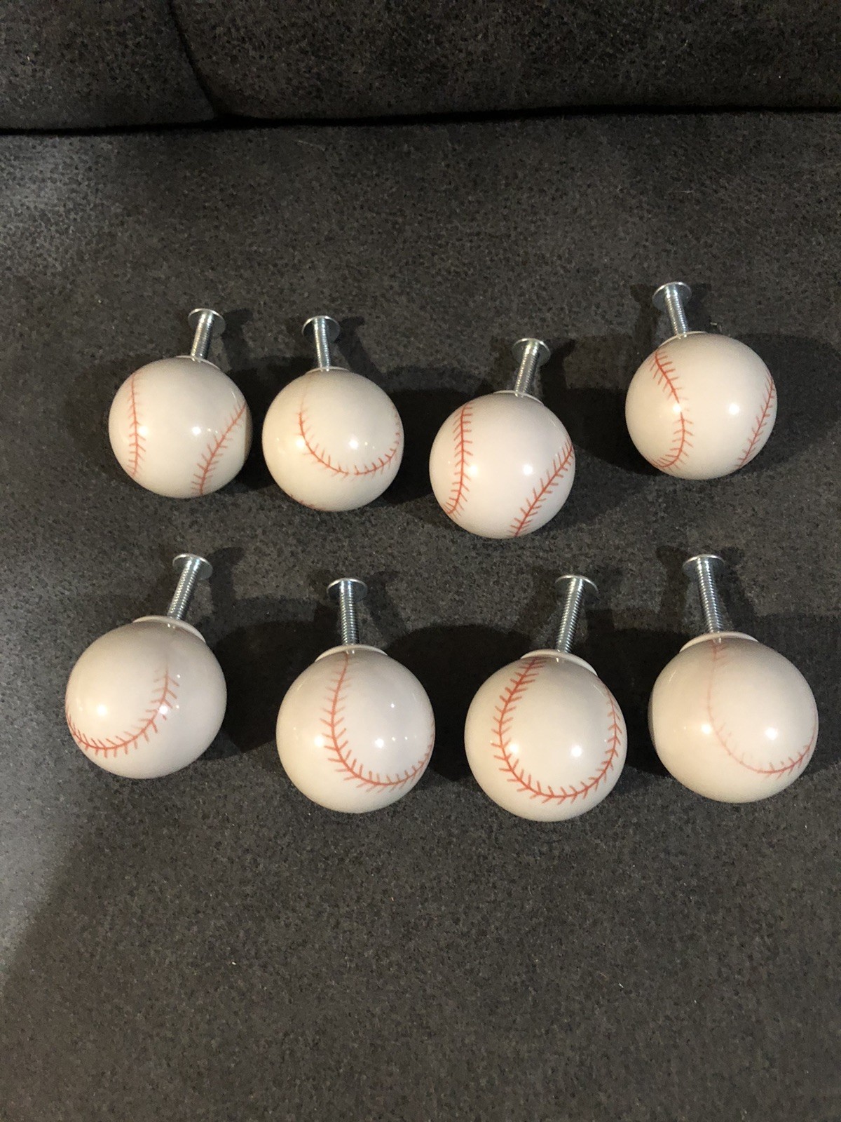 Lot of 8 Baseball Shaped Plastic Dresser Drawer Pulls With Screws – Nice Shape