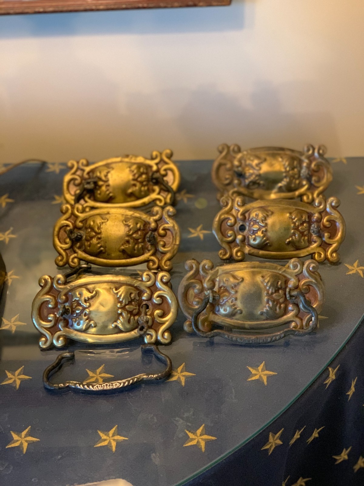 c1880-1900 Antique Six stamped Brass Drawer Pulls 3″ Bore