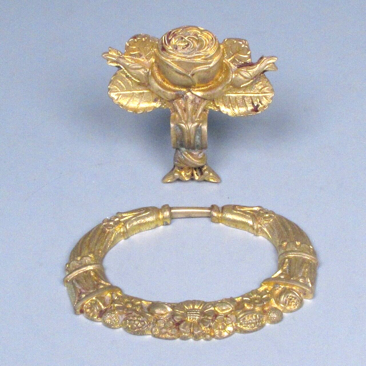 Antique French Gilded Bronze Drawer Pull, Flowers, Roses, Cornucopia