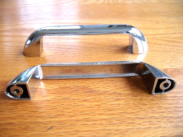 Two Vintage Chrome Drawer Pulls w Flared Bases Cabinet Door / Dresser Handles