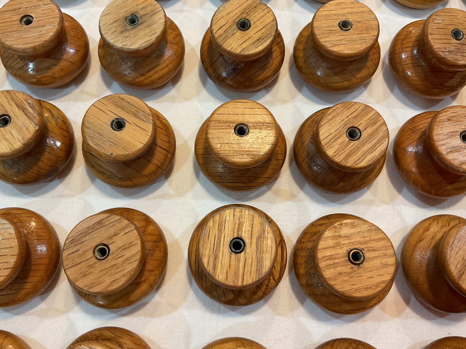 Lot 56 Vintage Wood Drawer Pull Knobs 1-1/2″ wide Natural Oak Color w Hardware