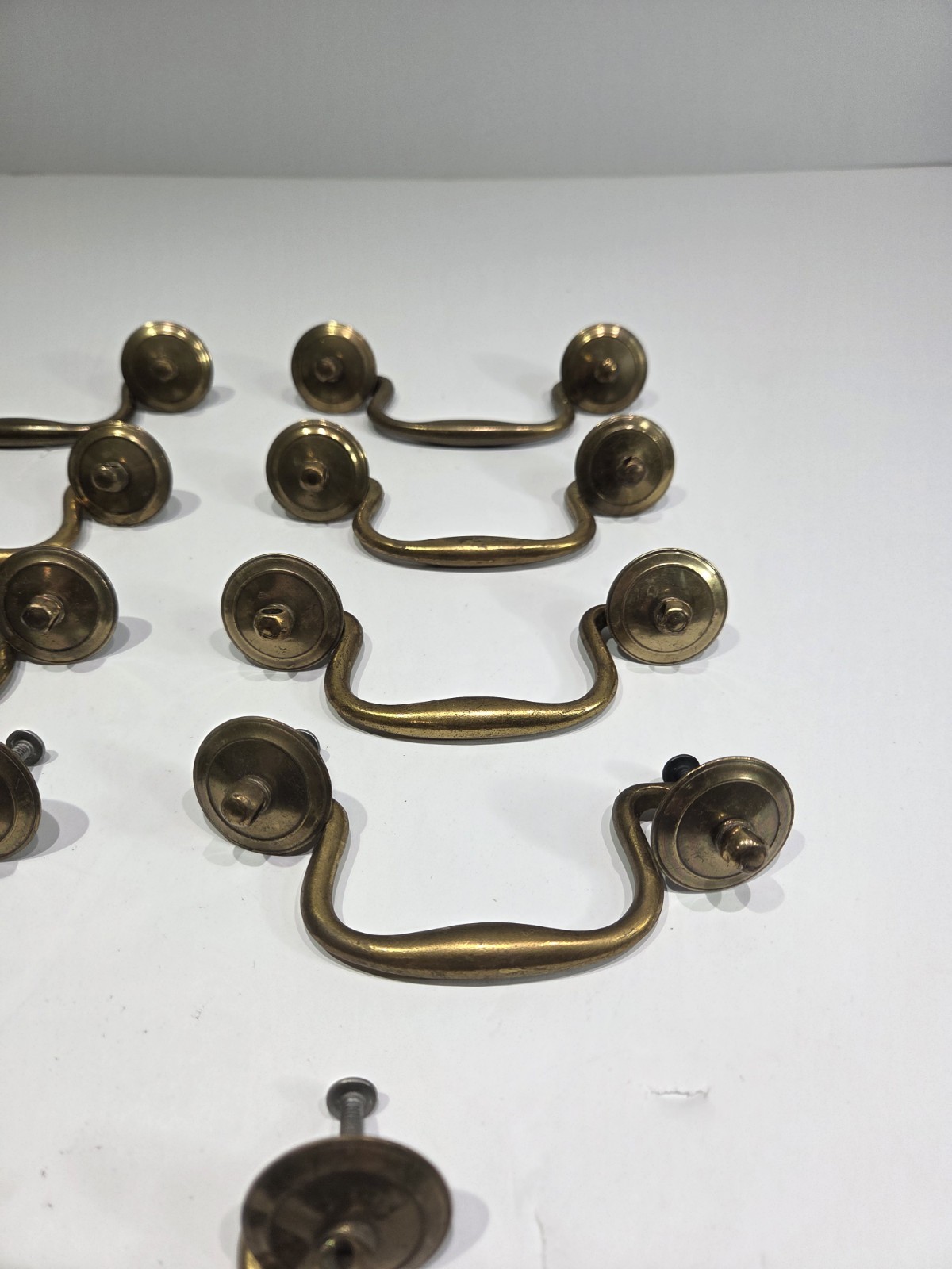Lot 14 Vintage Cast Brass Swan Neck Bail Drawer Pulls Handles Restoration Metal