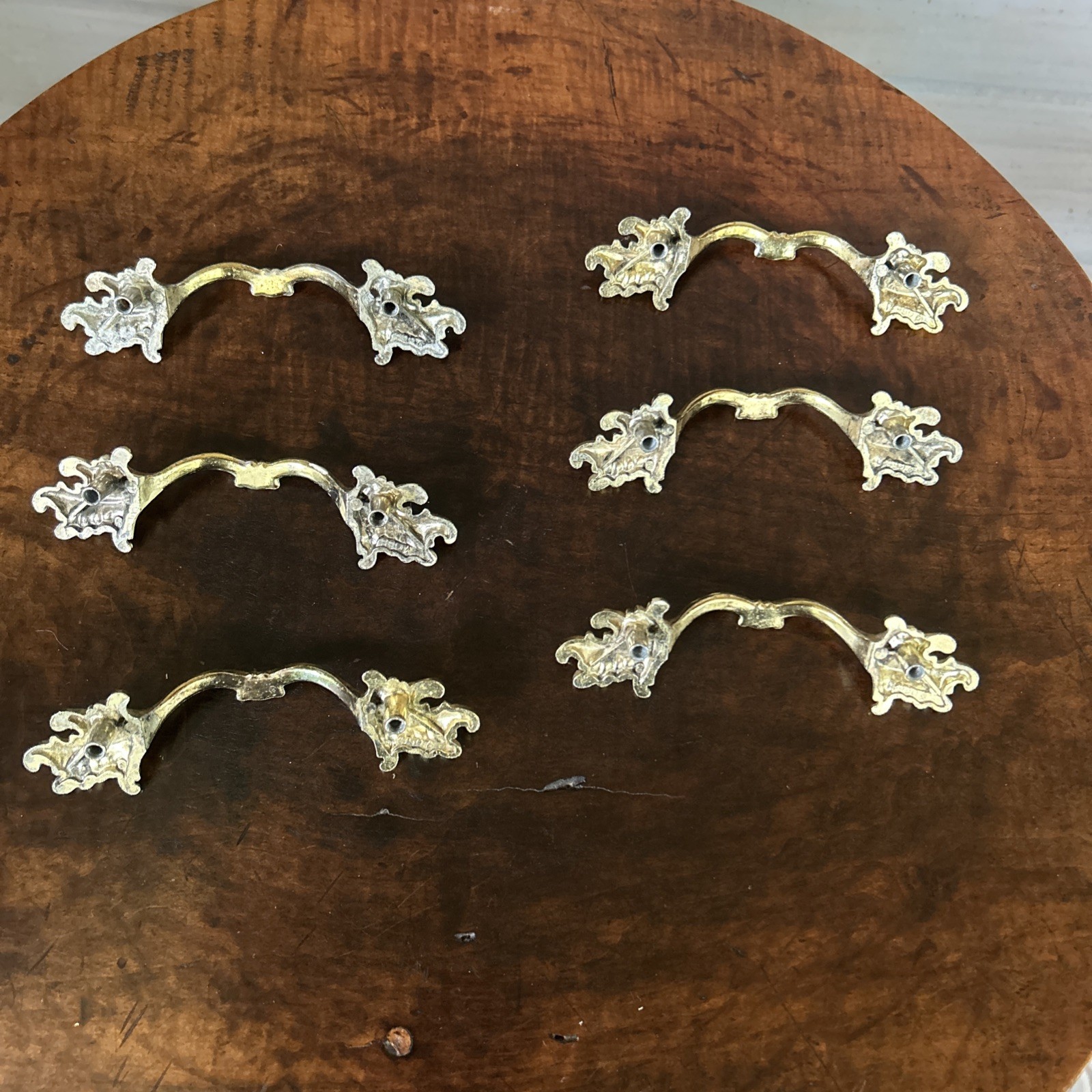 6 Vintage NOS Ajax Drawer Pulls Handles Scroll White Gold Ornate Hardware 990