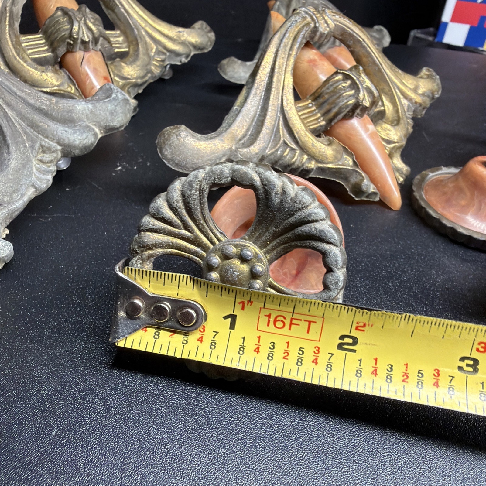 VTG Lot 10 Art Deco Drawer Waterfall Handles Pulls Orange Marble Bakelite Brass