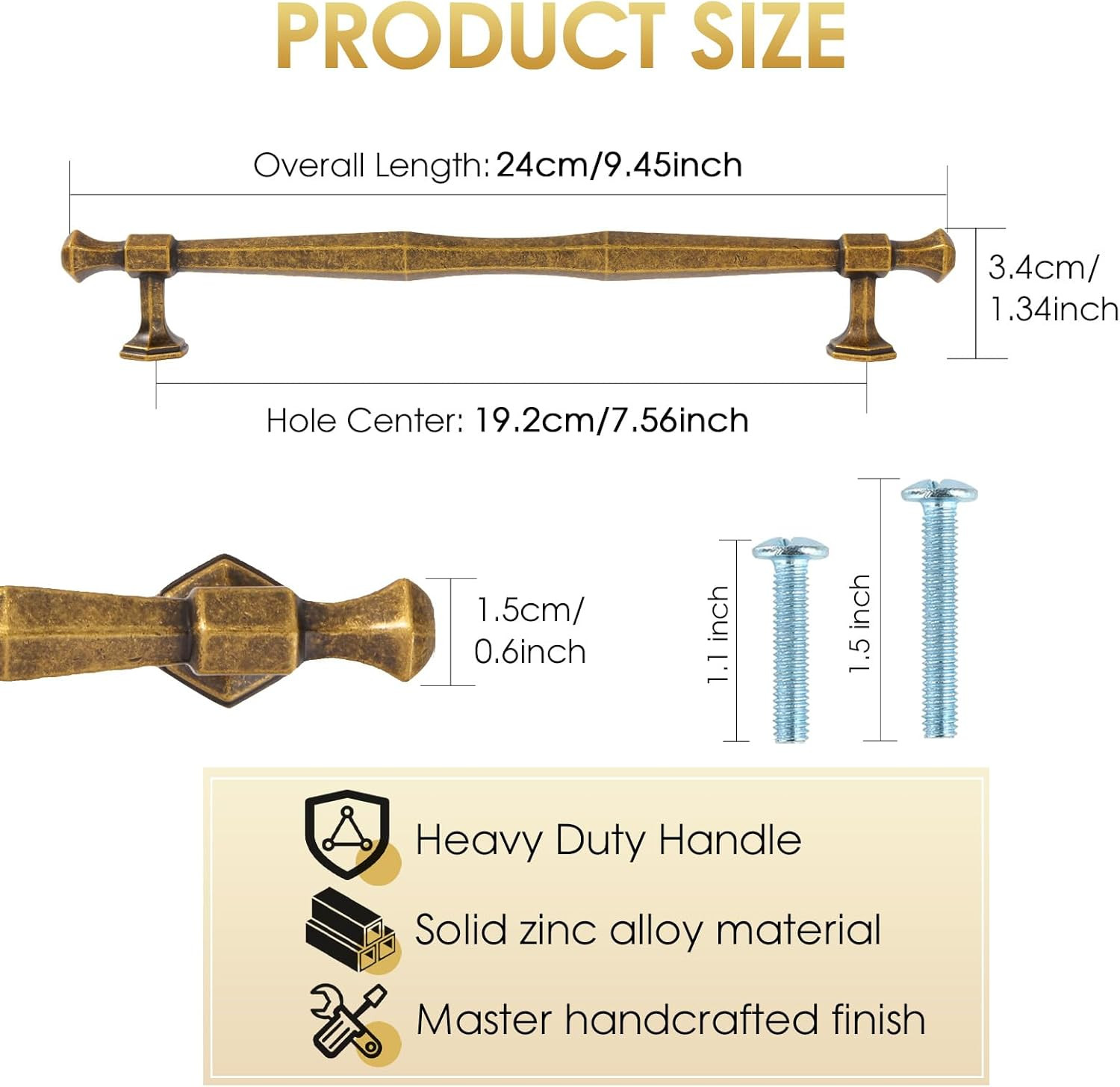 Vintage Antique Brass Cabinet Pulls – 7.5 Inch Handles, 6 Pack