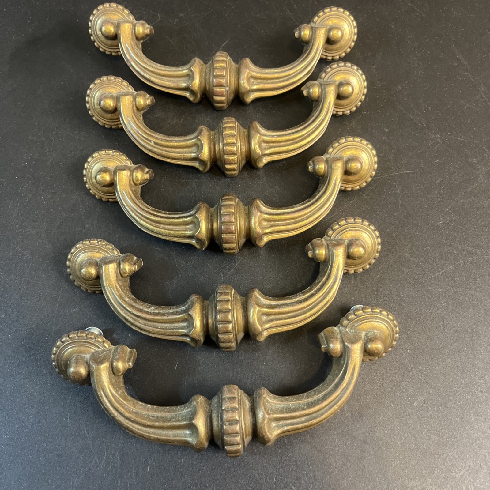 5 Vtg Ornate Solid Brass Drop Bail Pull Dresser Handles Set Hollywood Regency