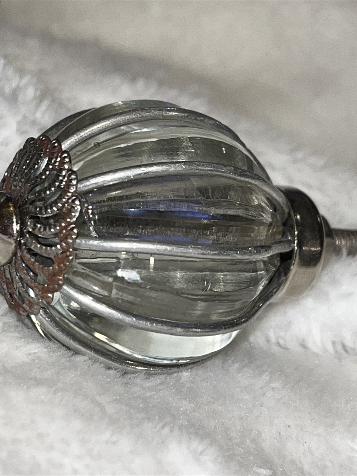 2 Clear Glass Drawer Pulls with Silver metal wrapping Around it, new