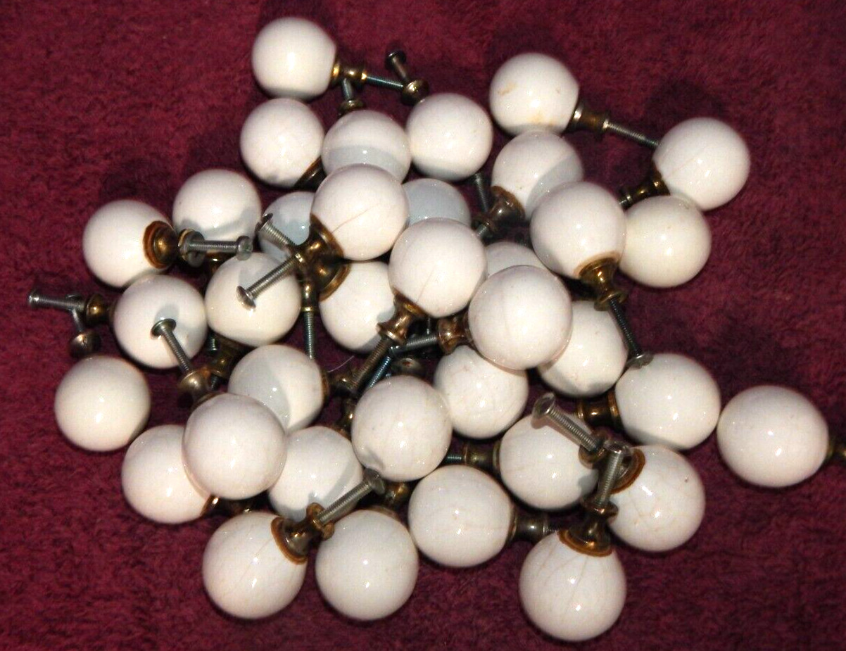 Vintage Porcelain & Brass 1-1/4″ White Round Ball Cabinet Door Drawer Pulls