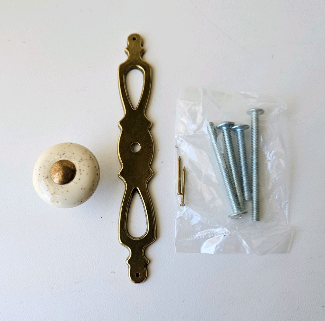 Vintage Beige Speckled Porcelain Knob & Backplate Cabinet Door Drawer Pulls NOS