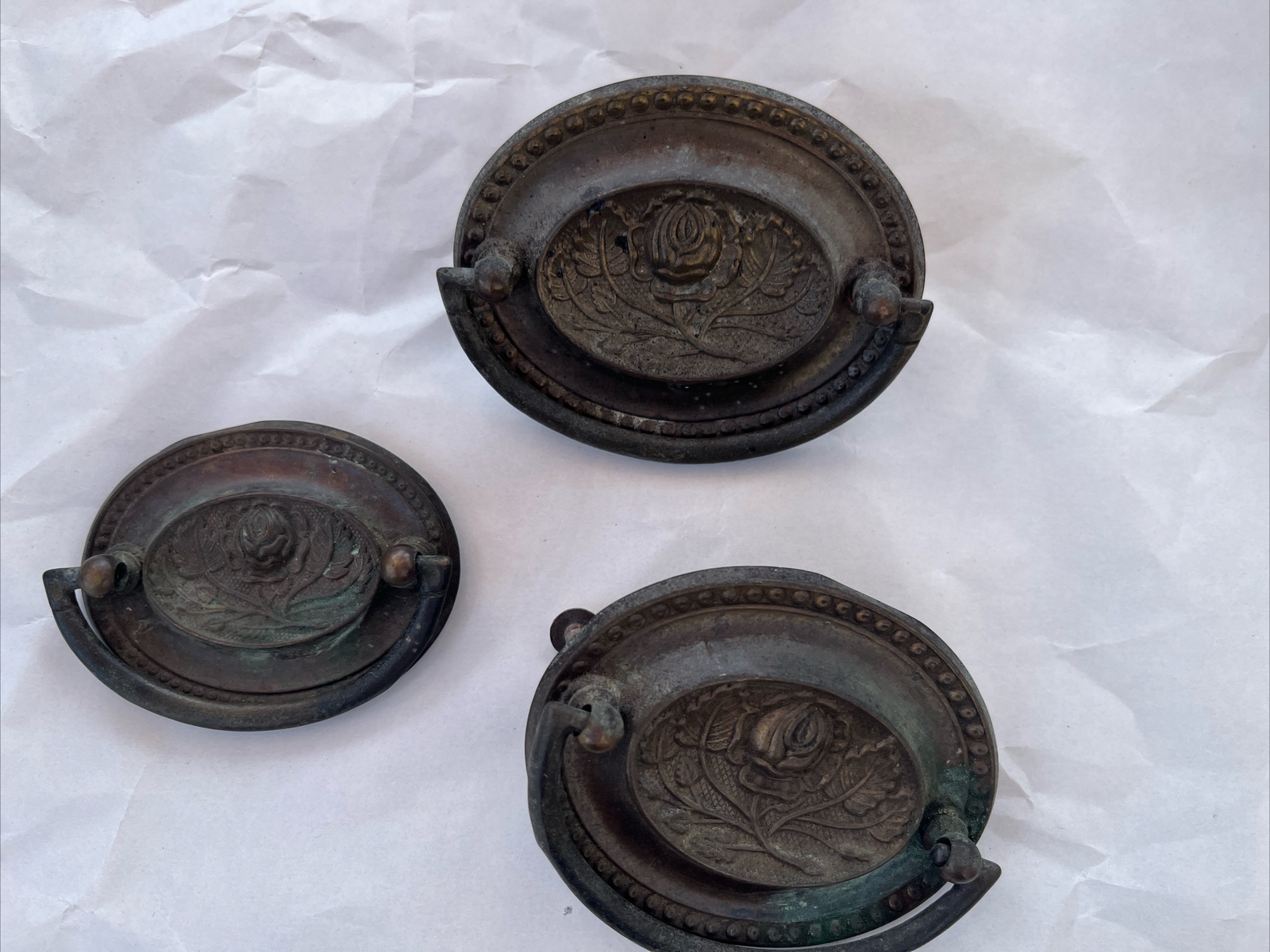 3 Antique Vintage Metal Drawer Drop Bail Oval Rose Leaf Center