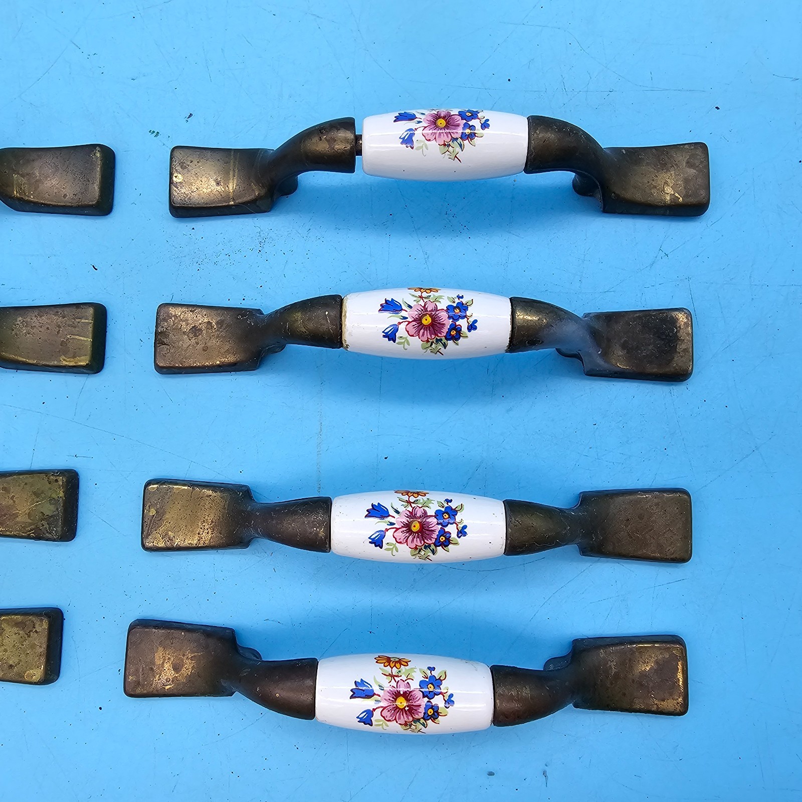 8 Vintage Floral Beige Ceramic Brass Amerock Cabinet Handles 3” Center #63854