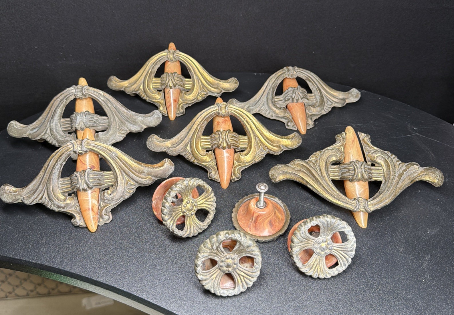 VTG Lot 10 Art Deco Drawer Waterfall Handles Pulls Orange Marble Bakelite Brass