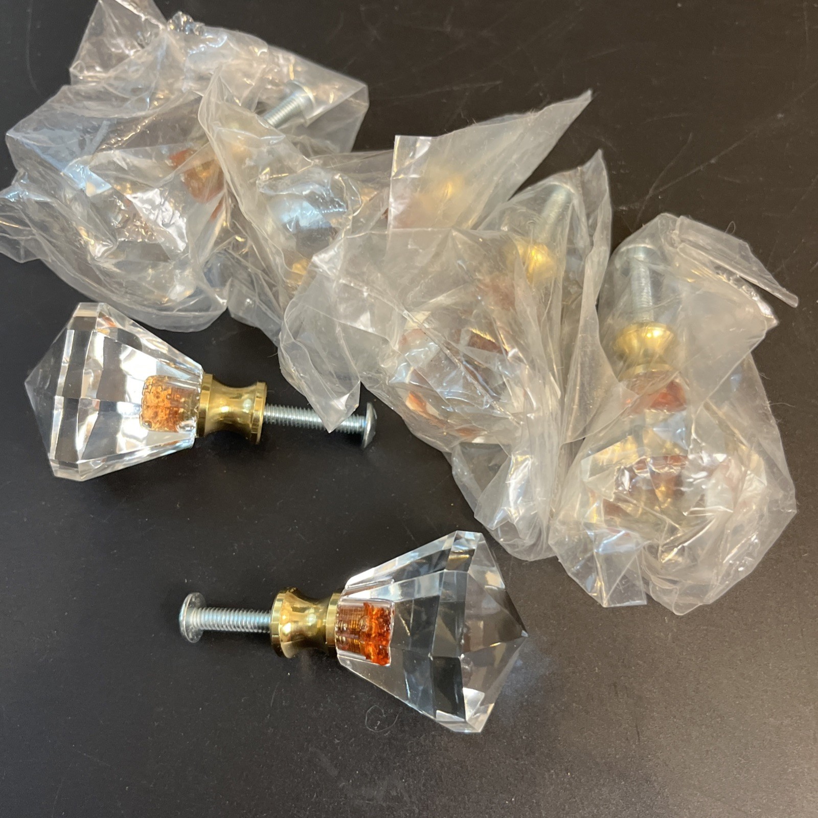 6 Vtg Clear & Amber Glass Diamond Cut Drawer Pulls Knobs 1.5″ Brass Hardware Lot