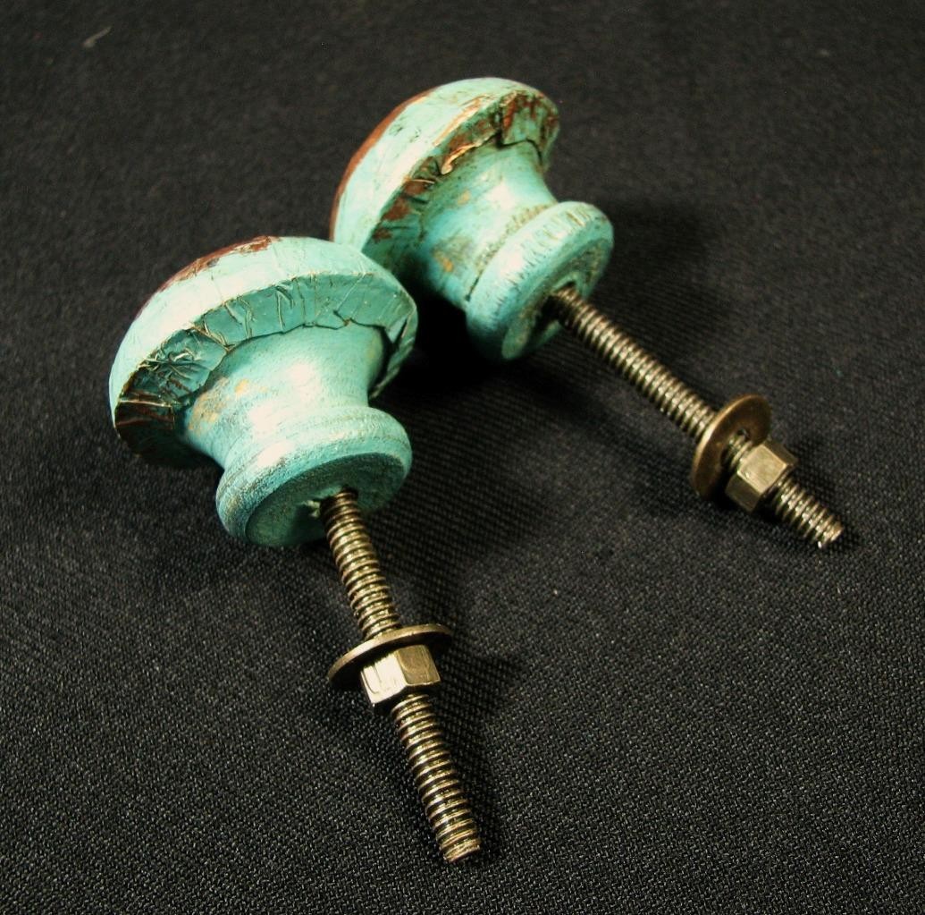 2 Antique Vintage Wood Copper Skin Green Distressed Drawer Pulls Handles Knobs