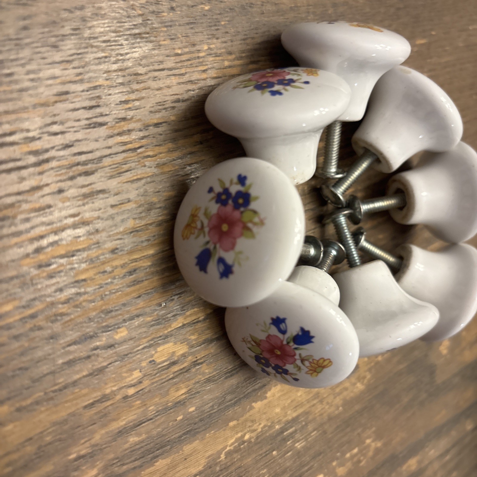 Vintage Porcelain Pulls /Knobs, White Painted Floral Design Lot of 8 with screws