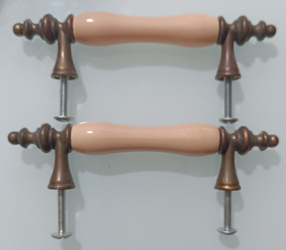 Pair of VTG BRASS & PORCELAIN DOOR / DRAWER PULLS 5” L / 3” C TO C Almond