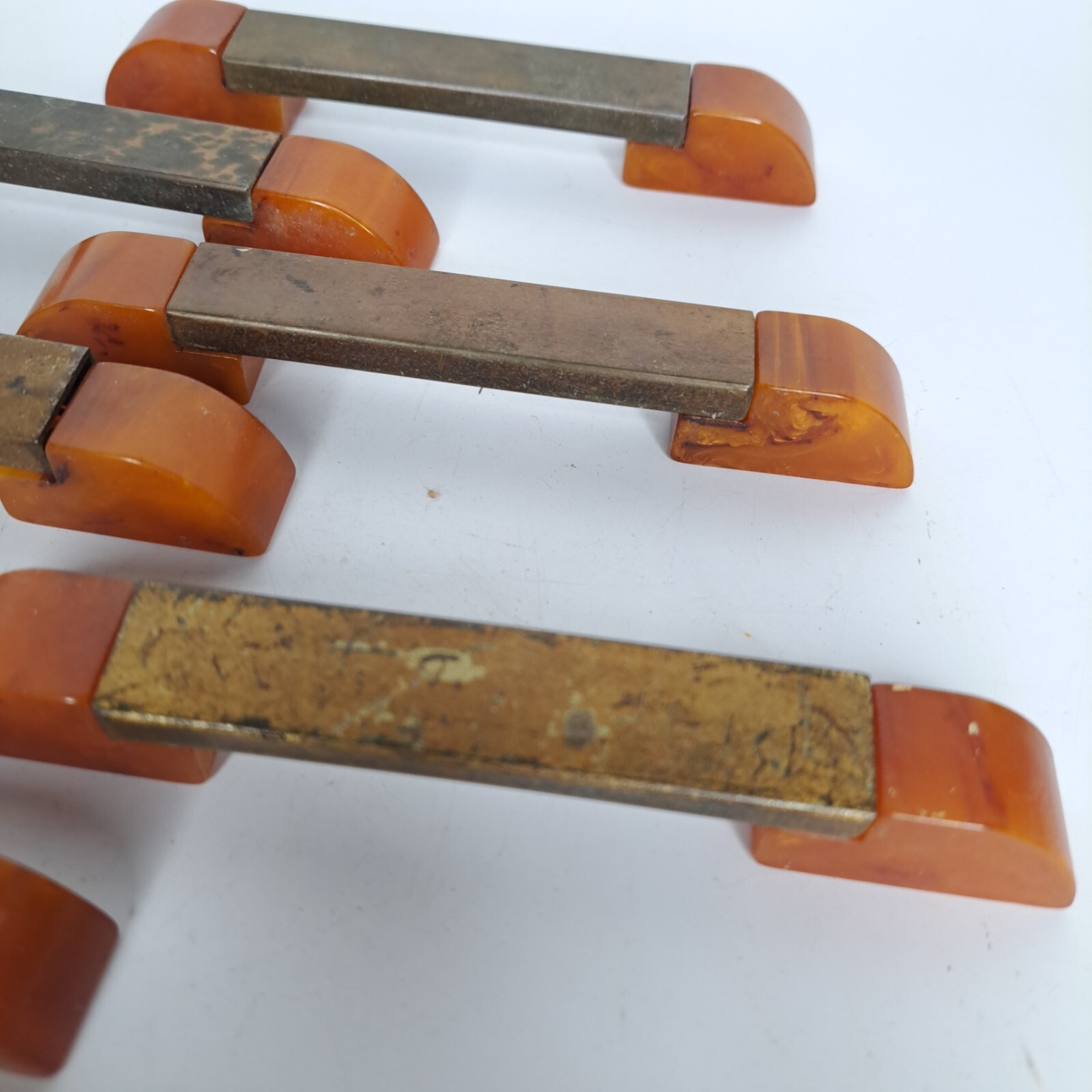 9 Antique ART DECO Butterscotch Bakelite Brass Plated Bar Drawer Pulls Reclaimed