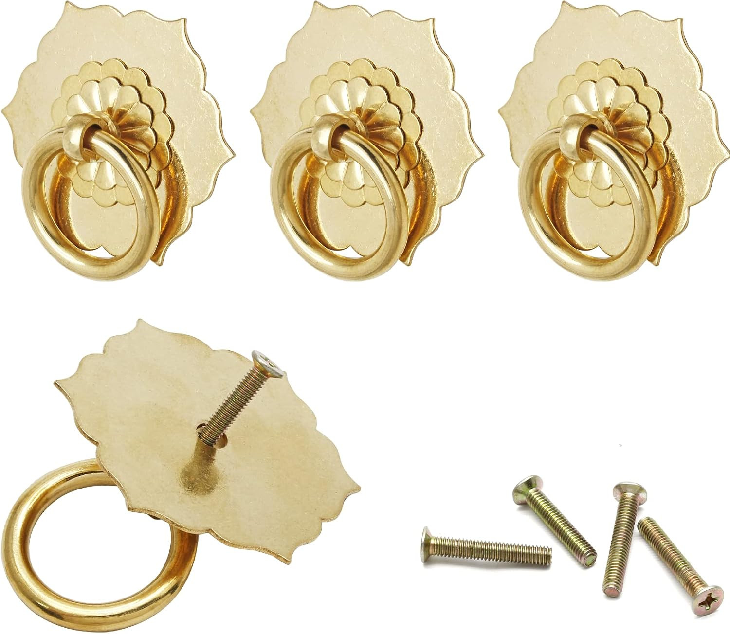4Pcs Antique Brass Ring Pulls Flower Shape Cabinet Knobs Drawer Pulls With Screw